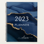 Agenda Monograma de Script de Geodo de Agate Dourado Azul<br><div class="desc">Monograma de Geodo Azul e Dourado do Agate 2022 Adicione seu próprio Script Name Planejador de Eventos de Casamento de Calendário 2021. Isto faz o doce e perfeito aniversário de 16 anos, casamento, chá de panela, aniversário, chá de fraldas ou festa de solteira presente para alguém que ama luxo de...</div>