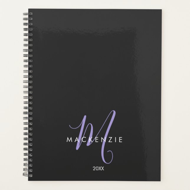 Agenda Monograma de Script de Lavanda Negra Moderno Elega (Frente)