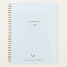 Agenda Monograma de Script Dourado Azul Moderno e Dusty