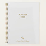Agenda Monograma de Script Dourado de Cinza Moderna<br><div class="desc">Planeador de Monograma Dourado de Leitura de Cinza Moderna. Um design monograma moderno e elegante, com tipografia de guiões minimalistas dourados e escrita à mão, e tipografia de blocos serif numa Cinza elegante pastel clara. O monograma e o nome podem ser facilmente personalizados.</div>