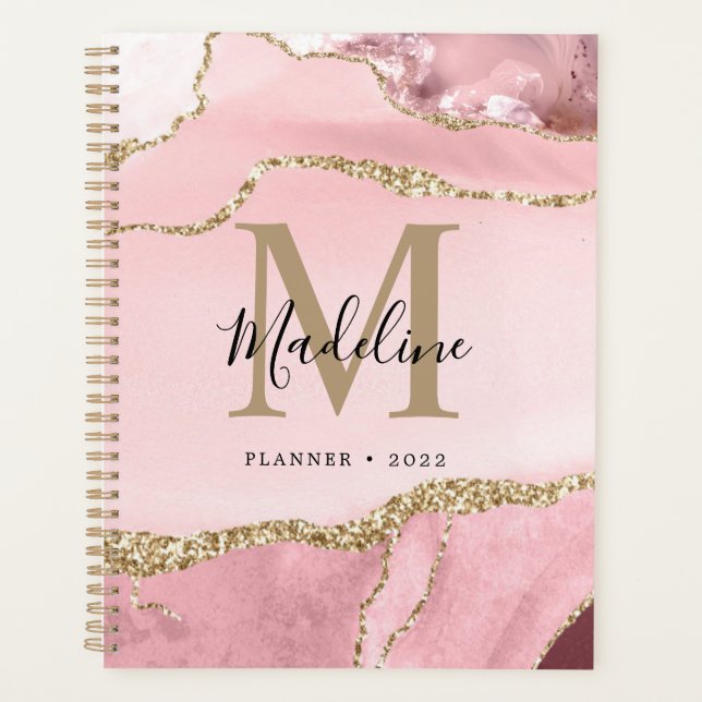 Agenda Monograma de Script Dourado de Geodo de Agato Rosa (Frente)