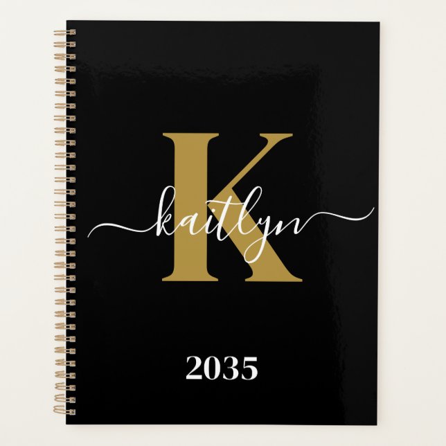 Agenda Monograma de Script Dourado Preto Elegante (Frente)