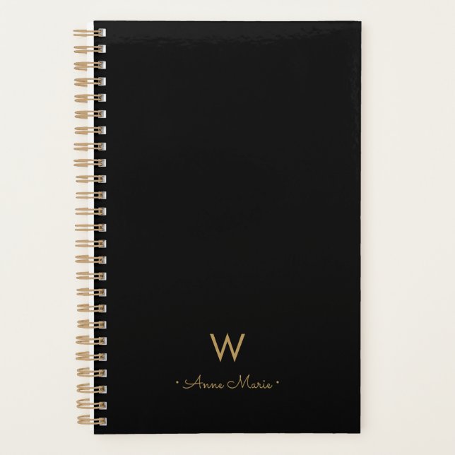 Agenda Monograma de Script Dourado Preto Moderno (Frente)