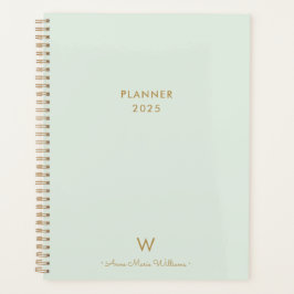Agenda Monograma de Script Dourado Verde do Moderno Sage