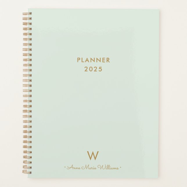 Agenda Monograma de Script Dourado Verde do Moderno Sage (Frente)