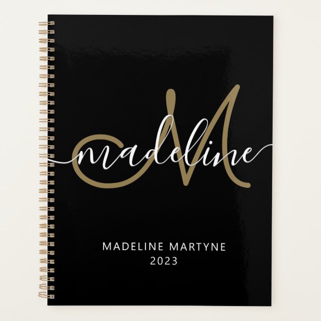 Agenda Monograma de Script Elegante Dourado (Frente)