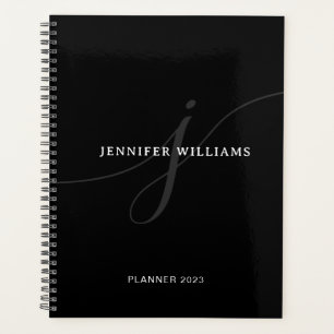 Agenda Monograma de Script Prateado Branco Branco Simples