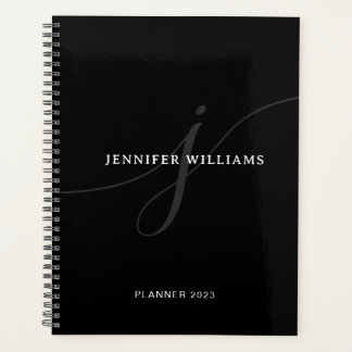 Agenda Monograma de Script Prateado Branco Branco Simples