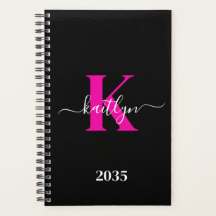 Agenda Monograma de Script Rosa Quente Preto Elegante