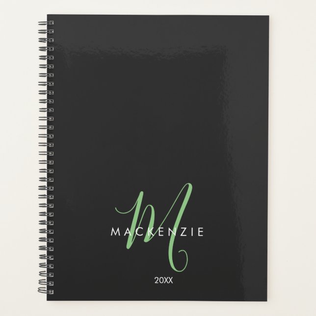 Agenda Monograma de Script Verde Preto Moderno Elegante (Frente)