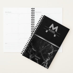 Agenda Monograma De Textura De Mármore Preto E Prateado