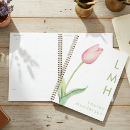 Agenda Monograma de Tulipas de Aquarela Rosa Mínima Moder