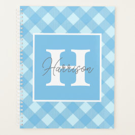 Agenda Monograma de Xadrez Gingham Azul e Nome Personaliz