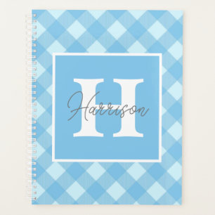 Agenda Monograma de Xadrez Gingham Azul e Nome Personaliz