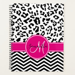 Agenda Monograma do Leopardo Branco Preto-Rosa-Quente