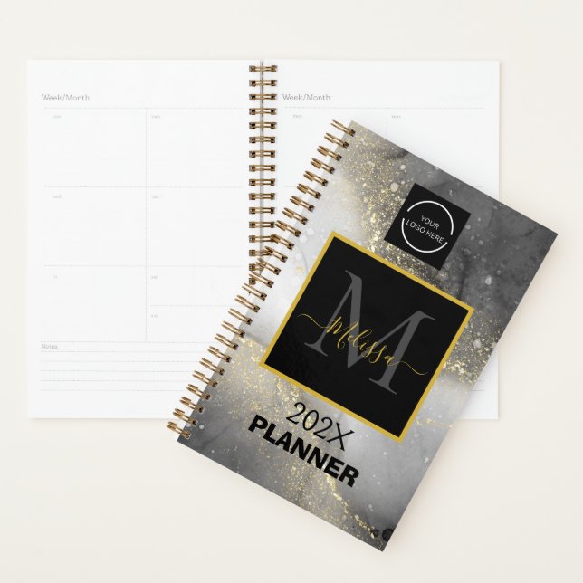 Agenda Monograma do logotipo e do código QR moderno prata (Exibição)