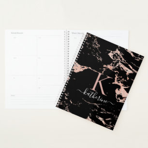 Agenda Monograma do Mármaco com Rosa preto preto-e-ouro