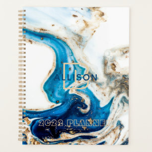 Agenda Monograma do mármore Dourado branco abstrato azul