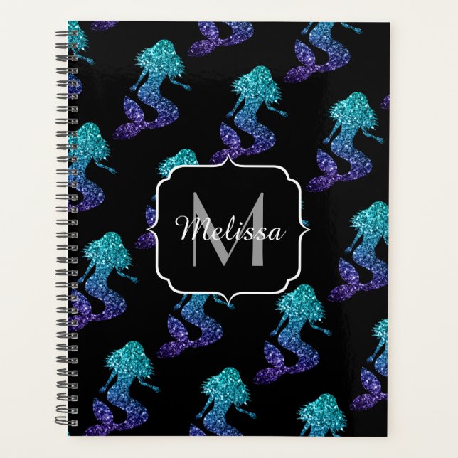 Agenda Monograma do Mermaid aqua blue ombre Sparkles (Frente)