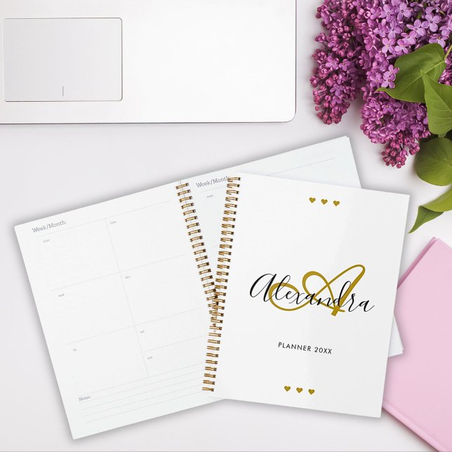 Agenda Monograma do Nome Inicial do Script Preto Dourado  (Elegant Gold Black Script Initial Name Monogram Planner)