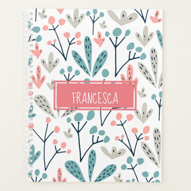 Agenda Monograma do Padrão Floral Abstrato de Cor Azul Co (Frente)