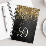 Agenda Monograma Dourado de brilho preto com brilho perso<br><div class="desc">Personalize facilmente este elegante planificador de tendências design com brilho bonito de ouro brilhante em um fundo metálico escovado preto.</div>