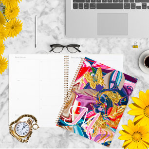 Agenda Monograma Dourado de espiral cor-de-rosa com borbo