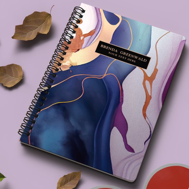 Agenda Monograma Dourado de Glam Liquido Marble Azul Roxo (Criador carregado)
