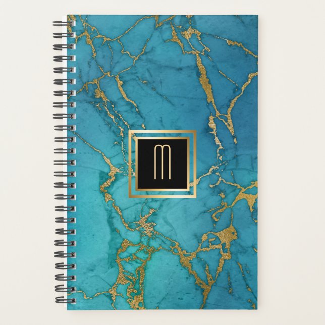 Agenda Monograma Dourado de Mármore Azul (Frente)