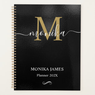 Agenda Monograma Dourado de metal preto moderno escovado