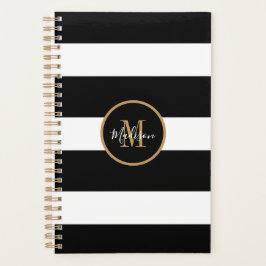 Agenda Monograma Dourado de Preto e Branco Moderno
