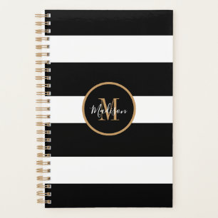 Agenda Monograma Dourado de Preto e Branco Moderno