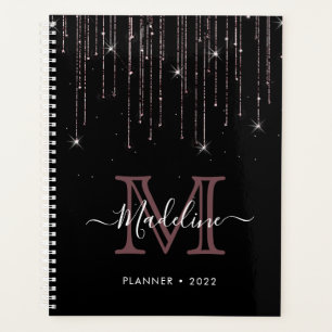 Agenda Monograma Dourado de Rosa preto Elegante moderno