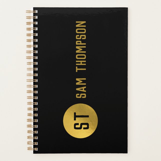 Agenda Monograma Dourado e negro elegante (Frente)