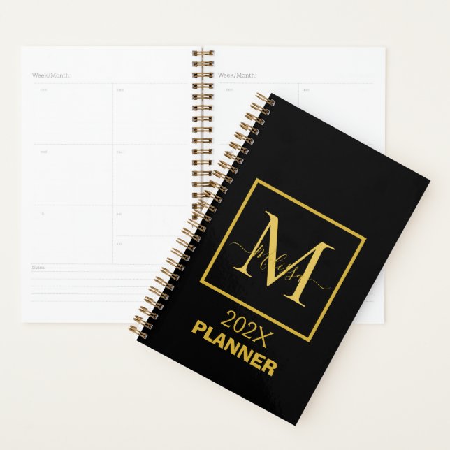 Agenda Monograma Dourado e Preto Moderno Simples (Exibição)