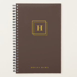 Agenda Monograma Dourado Elegante Castanho com Frame Dupl