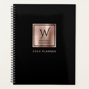 Agenda Monograma Dourado Elegante Rosa preto 2024