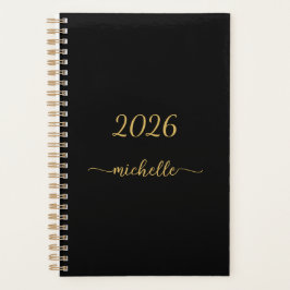 Agenda Monograma Dourado Mínimo Preto Nome Girly Script