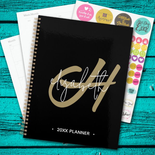 Agenda Monograma Dourado Preto Semanal Mensal Inicial (Monogrammed Planner, inside pages and stickers)