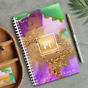 Agenda Monograma dourado, verde agate, aquarela