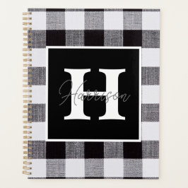 Agenda Monograma e Nome da Xadrez Gingham Preto e Branco