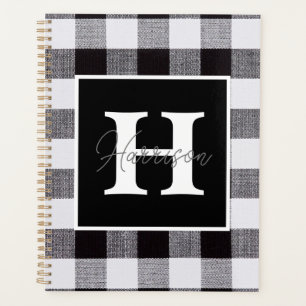 Agenda Monograma e Nome da Xadrez Gingham Preto e Branco