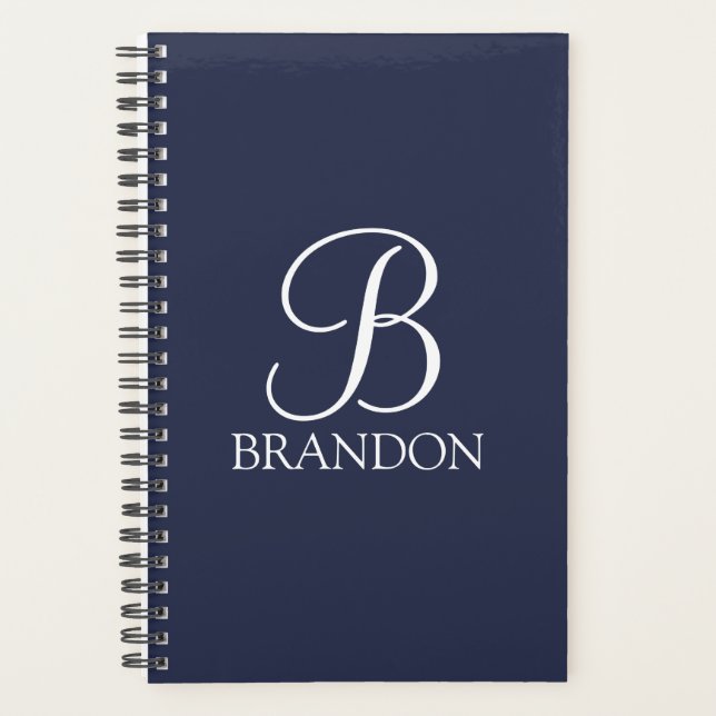 Agenda Monograma e Nome de Script Personalizado Azul-mari (Frente)