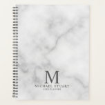 Agenda Monograma e Nome Personalizados do Marble Branco<br><div class="desc">O planejador profissional apresenta monograma,  nome e texto personalizados no estilo de fonte de serif clássica da cinza em fundo de mármore branco.</div>