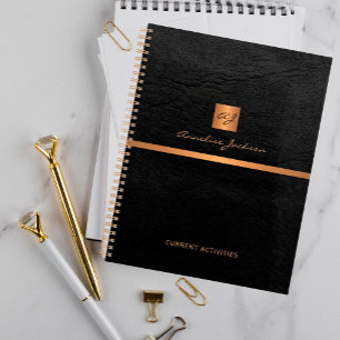 Agenda Monograma elegante de couro preto clássico