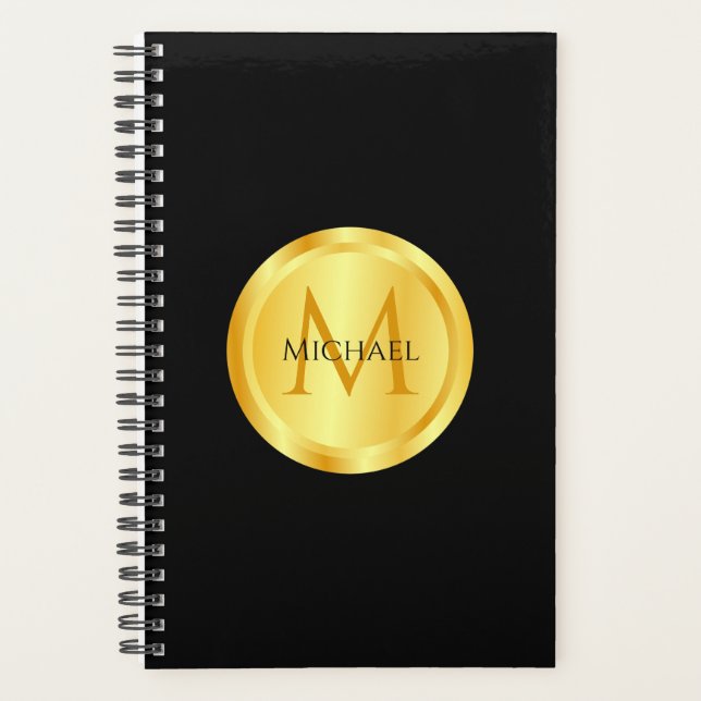 Agenda Monograma Elegante Dourado Modelo moderno preto (Frente)