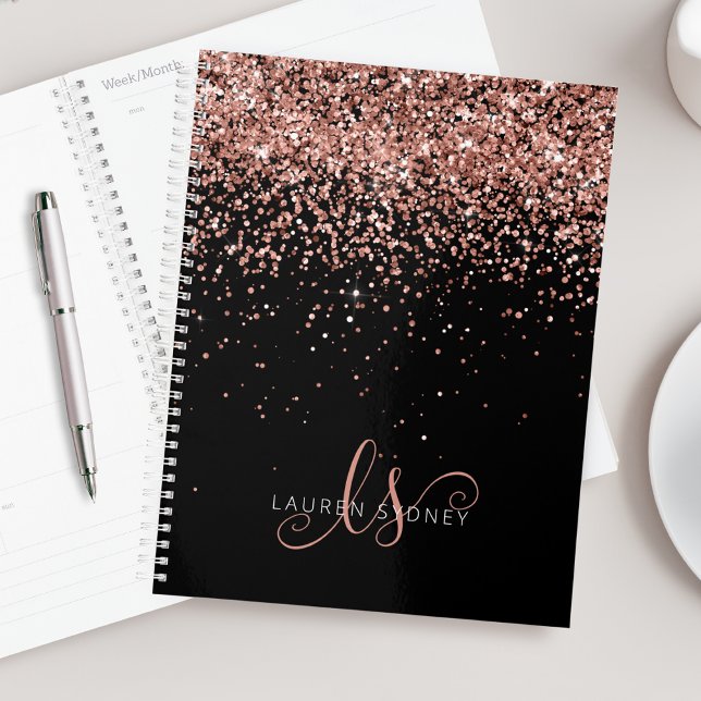 Agenda Monograma Elegante Glitter Dourado Glam Rosa (Criador carregado)