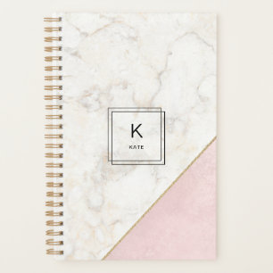 Agenda Monograma Elegante Marble Minimalista Rosa Dourado