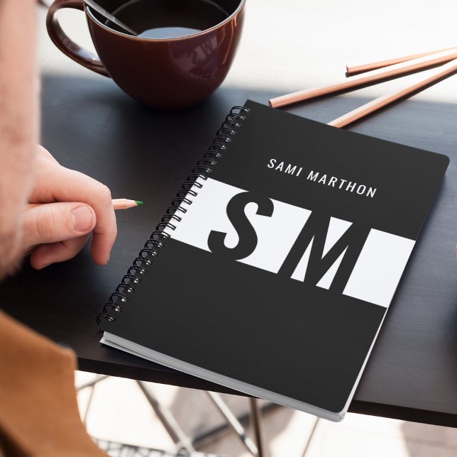 Agenda Monograma Elegante Nome preto e branco personaliza (Criador carregado)