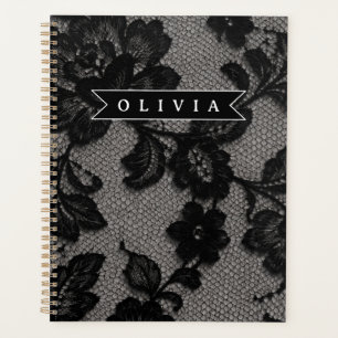 Agenda Monograma Elegante Personalizado de Renda Preta Fl
